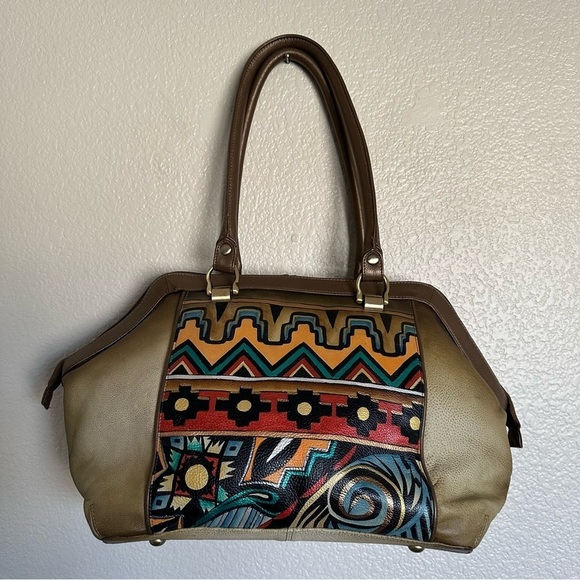 Anuschka Hand Painted Large Leather Tote Purse Gold Brown - Picture 10 of 10